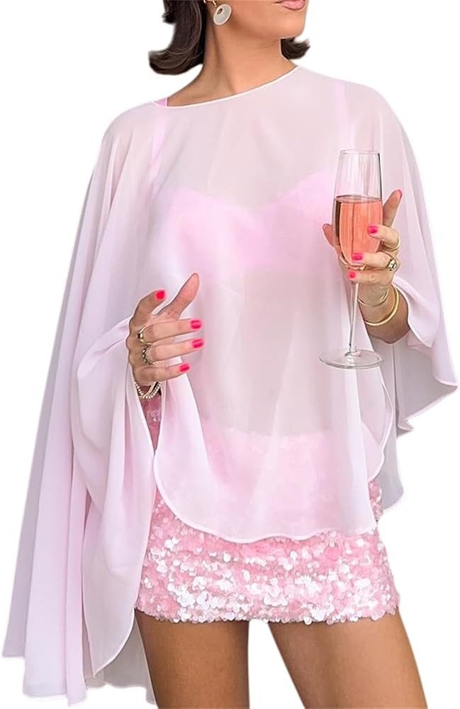 Women Chiffon Cape Shawls and Warps for Evening Dress Wedding Sheer Mesh Flowy Capelets Top | Amazon (US)