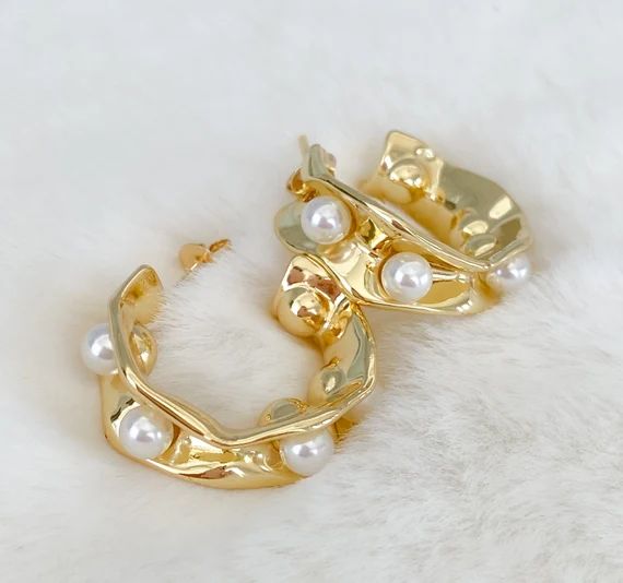 Gold Plated Pearl Hoop Earrings Pearl Earring Pearl Hoops | Etsy | Etsy (US)