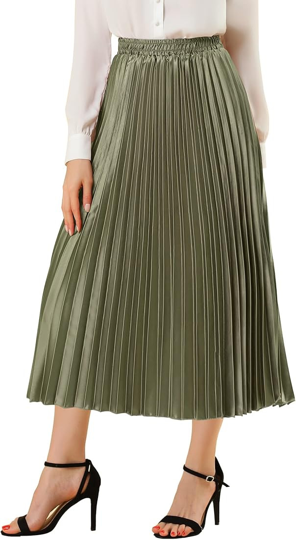 Allegra K Women's Elastic Waist Party Metallic Shiny Accordion Pleated Midi Skirt | Amazon (US)