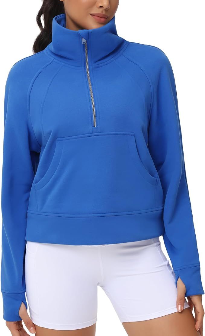 THE GYM PEOPLE Womens' Half Zip Pullover Fleece Stand Collar Crop Sweatshirt with Pockets Thumb H... | Amazon (US)