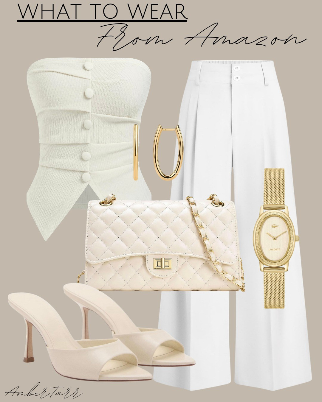 White and cream date night outfit from Amazon that is clean, sophisticated, and effortlessly elegant. A ruched button detail strapless top paired with wide leg white trousers, a cream quilted chain crossbody bag, cream heeled mule sandals, gold oval hoop earrings, and a dainty gold watch. This monochromatic look is polished and refined, perfect for a dinner date, a summer evening out, or any occasion where you want to look put together without overthinking it.

#LTKootd #LTKgrwm #LTKOver40