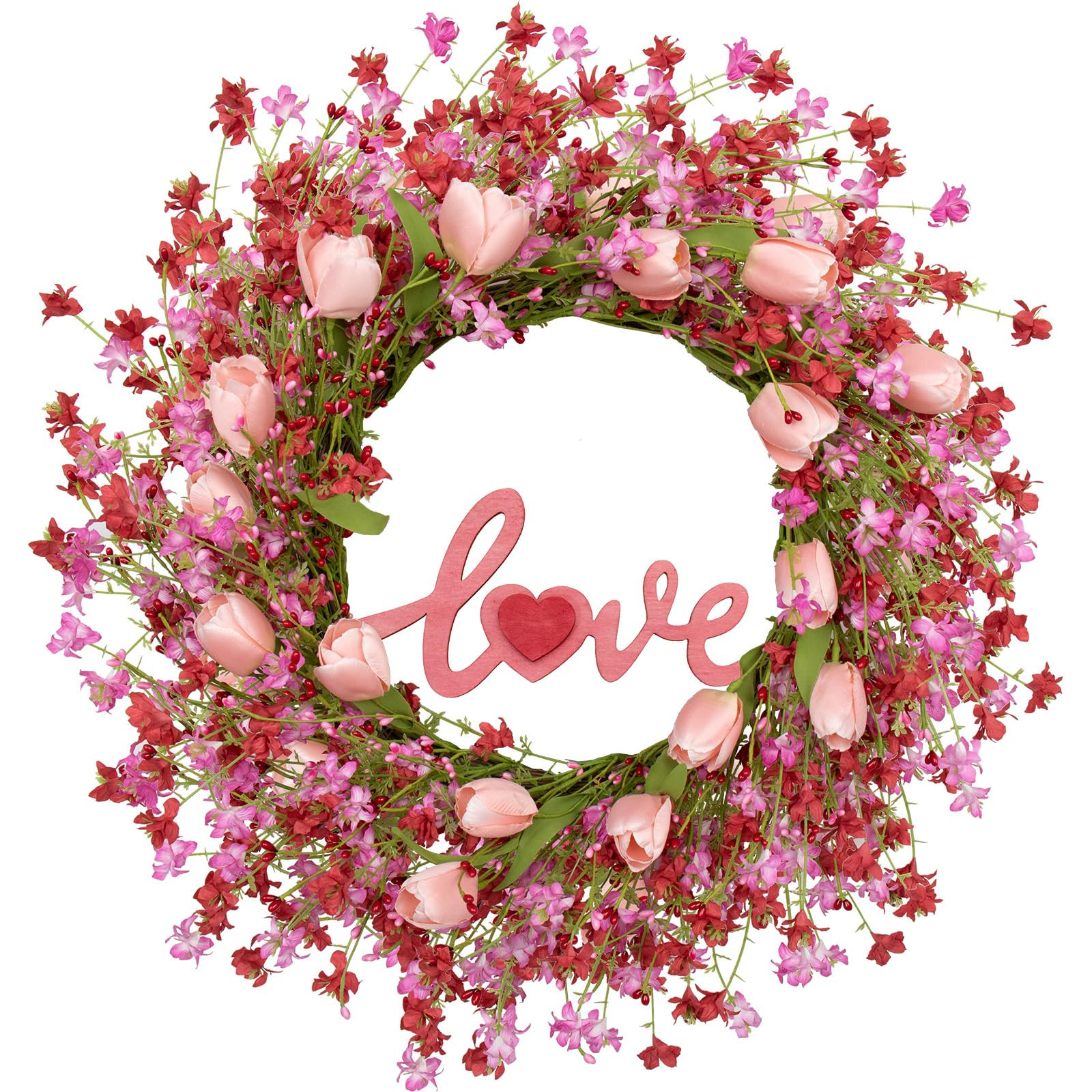 LLZLL Valentines Day Wreath Decor, 22inch Artificial Pink Wreath with Tulip Berry Green Leaf Elem... | Amazon (US)
