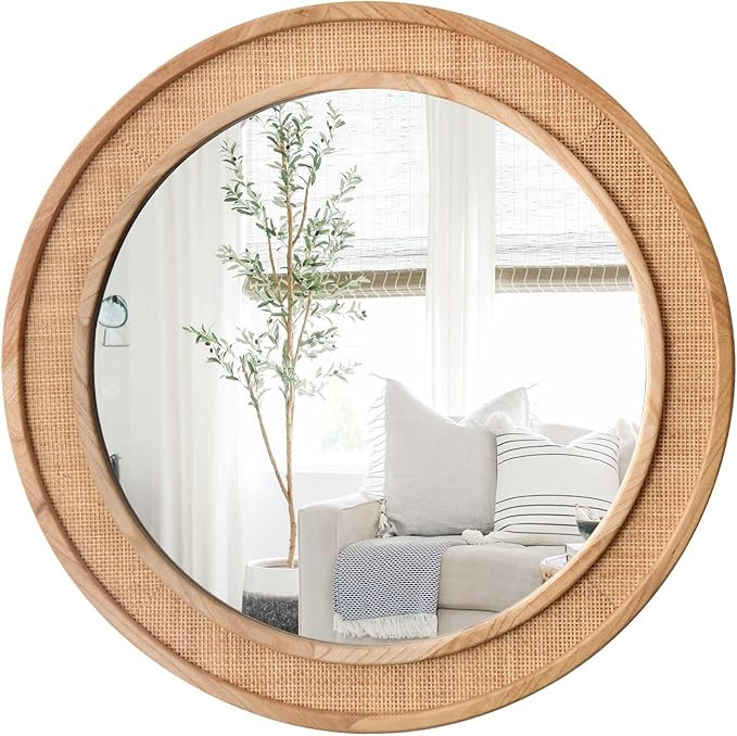 24" Round Rattan Mirror, Circle Wall Mirror, Farmhouse Wooden Vanity Mirror with Handmade Wicker ... | Amazon (US)