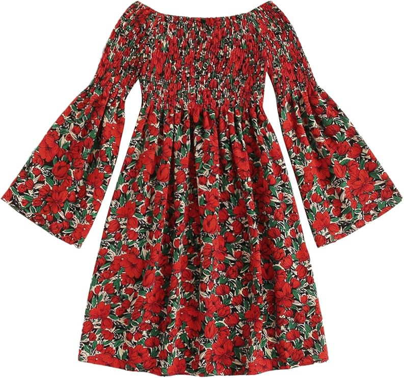 Romwe Women's Casual Floral Print Off Shoulder Trumpet Sleeve Swing Dress | Amazon (US)