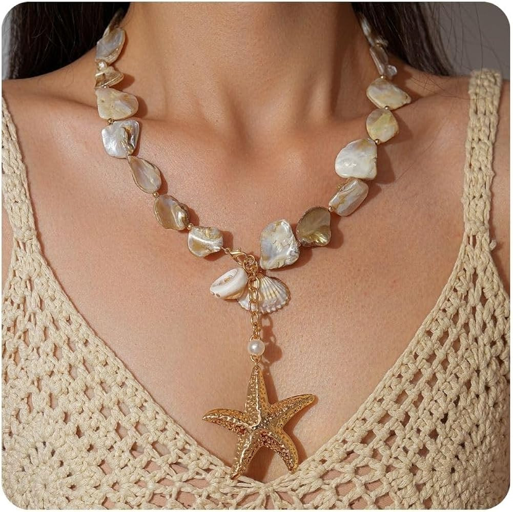 Shell Necklaces for Women 18k Gold Plated Starfish Seashell Ocean Charm Necklace | Amazon (US)