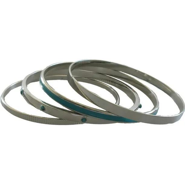 Time and Tru Women's Silver Tone Bangle Bracelet Set with Teal Bay Accents, 4-Piece | Walmart (US)