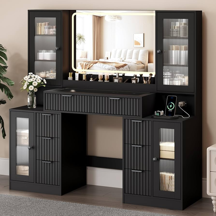 55" Vanity Desk with Mirror & Lights, Fluted Makeup Vanity with 8 Drawers & 4 Cabinets, Tempered ... | Amazon (US)