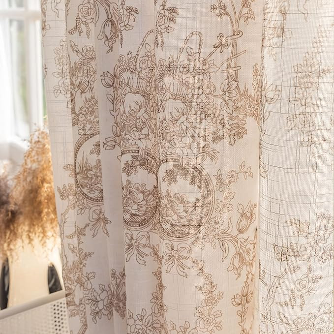 Coffee Floral Semi Sheer Curtains Linen Textured for Living Room 96 inches Long 2 Panels Rod Pock... | Amazon (US)