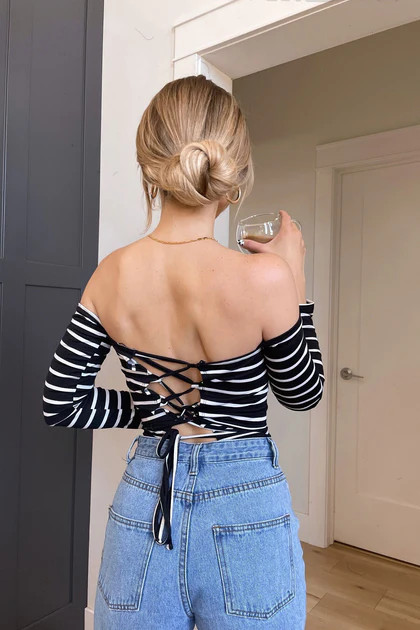 Band Together Off The Shoulder Lace Up Striped Top | Shop Priceless