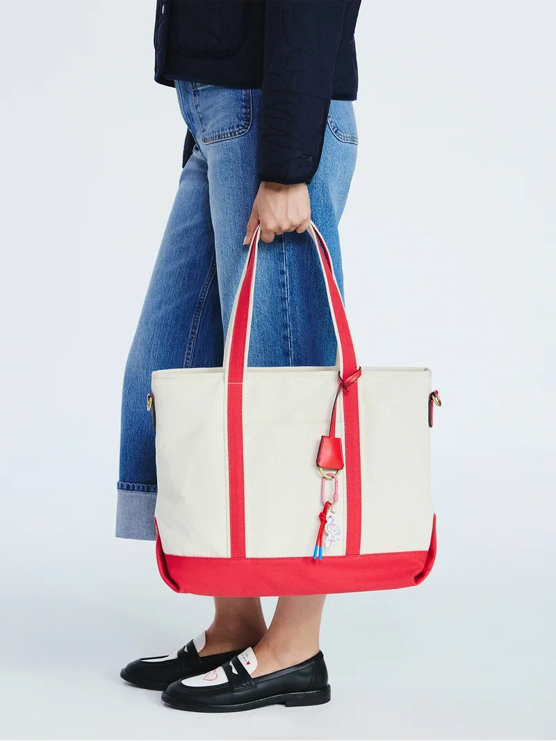 Free Assembly Women's Medium Canvas Tote, Natural/Red Star | Walmart (US)