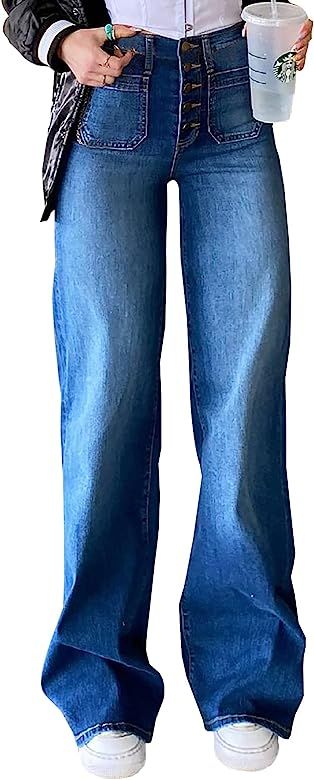 LONGBIDA Boyfriend Baggy Jeans for Women High Waisted Button Fly Stretch Y2K Straight Wide Leg Denim | Amazon (US)