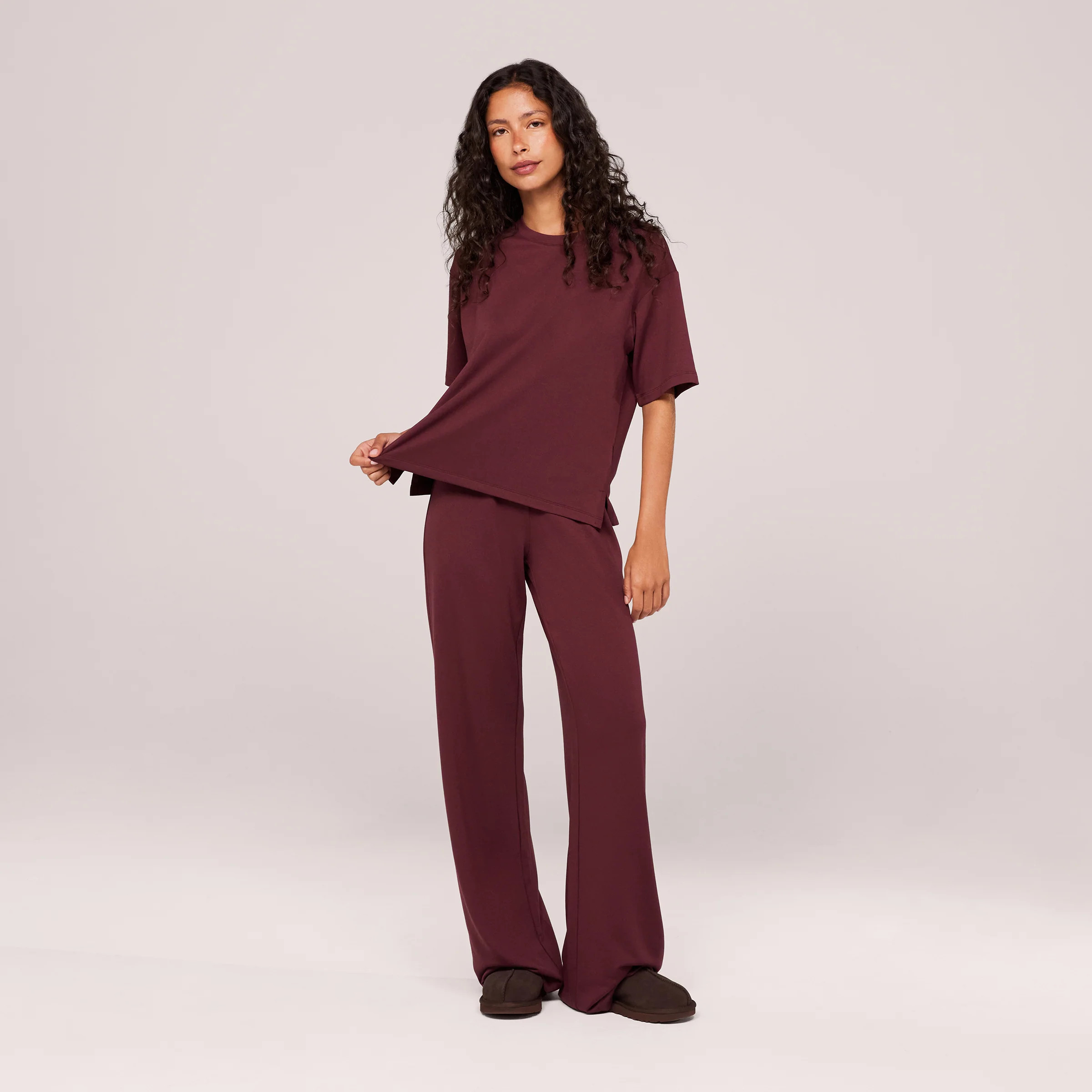 Soft Touch Wide Leg Lounge Set - Burgundy | LOVALL