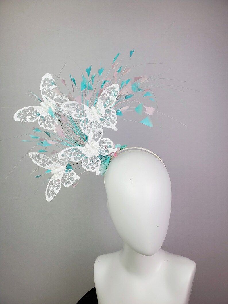 kentucky derby hat fascinator light blue and pink feather cascade with flowers and white lace gli... | Etsy (US)