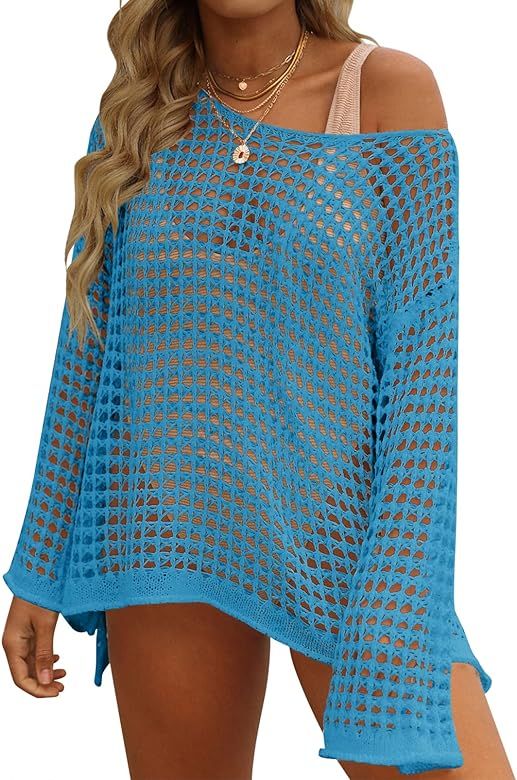 ZESICA Women's 2023 Summer Crochet Hollow Out Long Sleeve Beach Bikini Swimsuit Mesh Cover Up Tun... | Amazon (US)