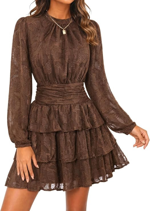 Wenrine Womens Long Sleeve Lace Mini Dress Wedding Guest Dresses | Cut Out, High Waist, Ruffle De... | Amazon (US)