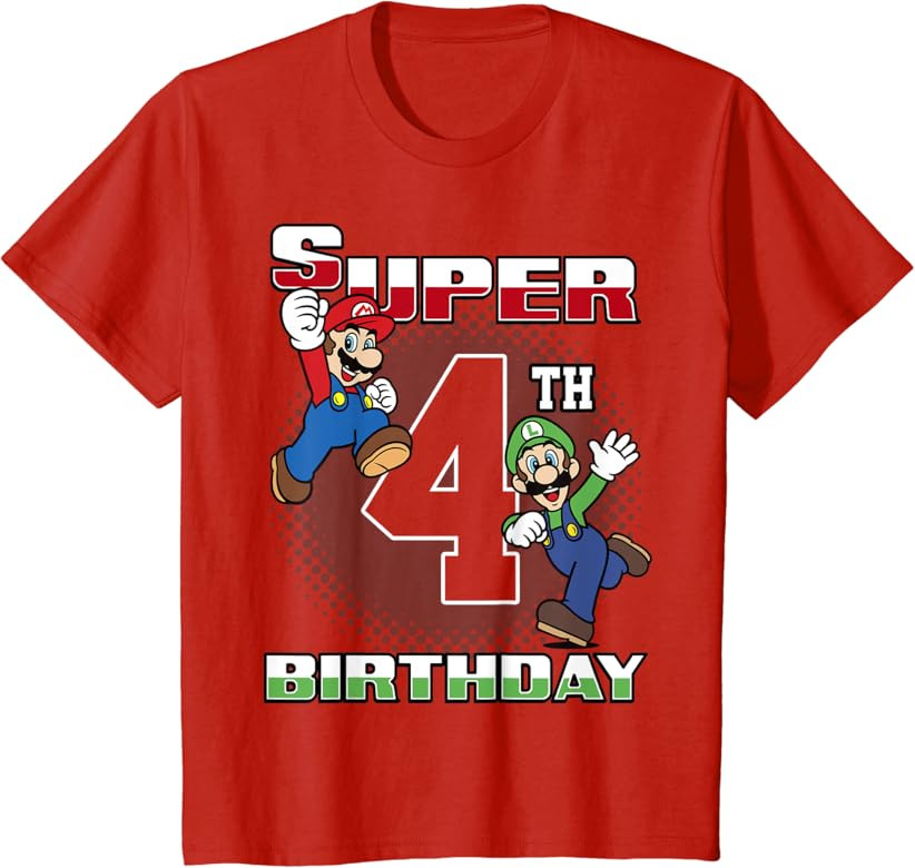 Super Mario And Luigi Super Birthday 4th Birthday Portrait T-Shirt | Amazon (US)