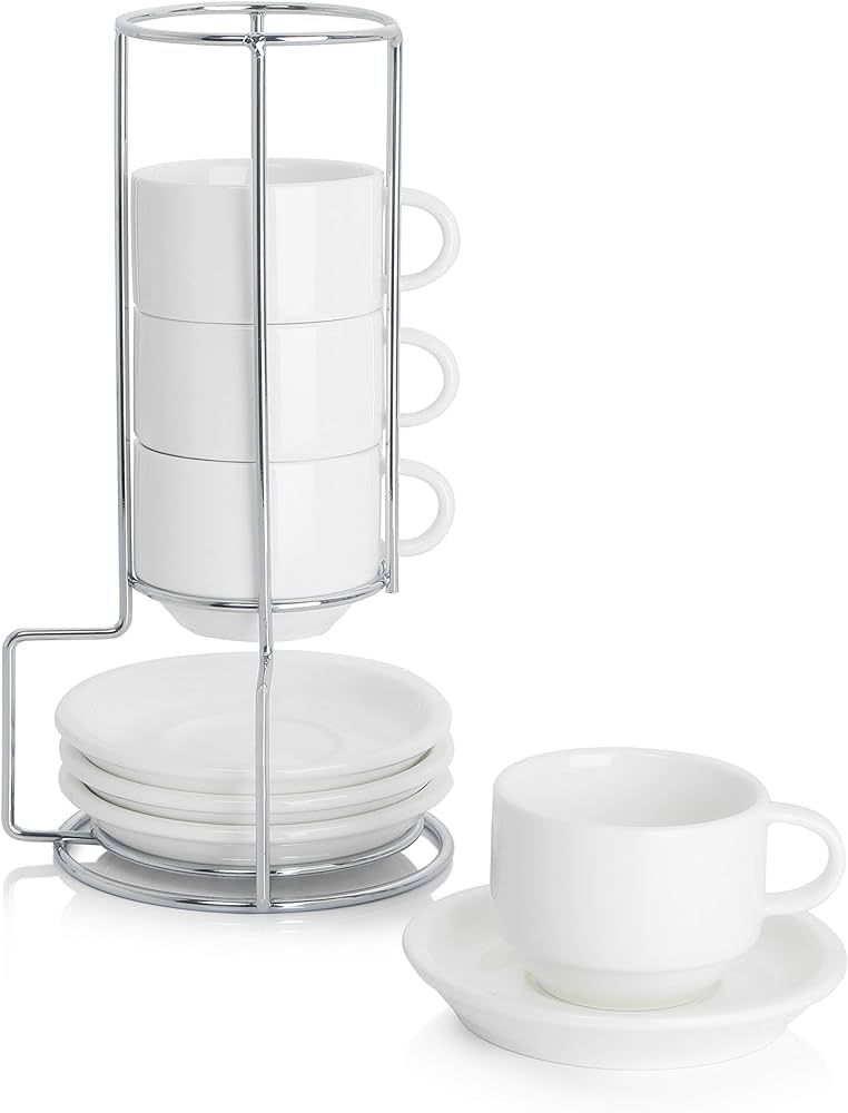Sweese 2.5 Ounce Porcelain Stackable Espresso Cups with Saucers and Metal Stand Set of 4, White | Amazon (US)