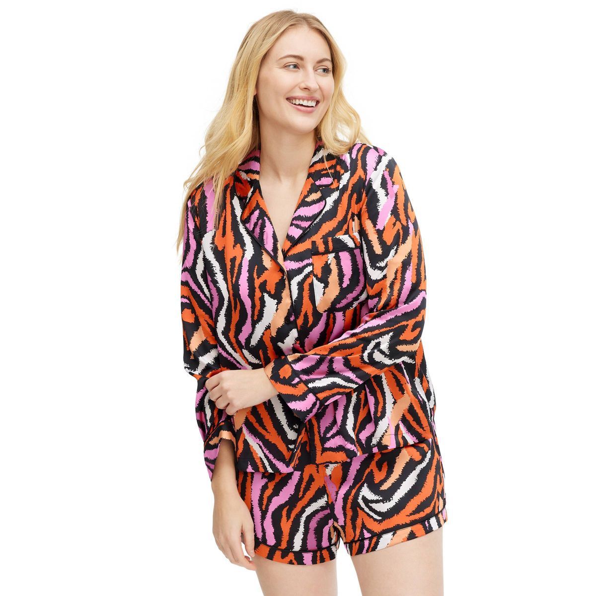 Women's 2pc Long Sleeve Notch Collar Top and Shorts Disco Zebra Pink Pajama Set - DVF for Target | Target