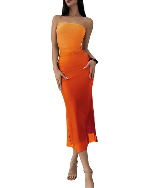 GORGLITTER Women's Mesh Strapless Ruched Bodycon Maxi Dress Wedding Guest Prom Cocktail Summer Y2... | Amazon (US)