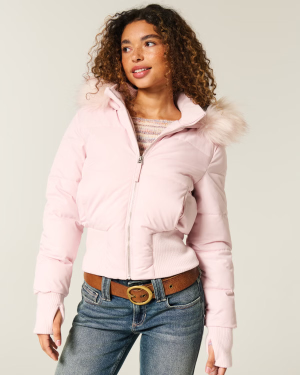 Women's Faux Fur Trim Puffer Bomber Jacket | Women's | HollisterCo.com | Hollister (US)