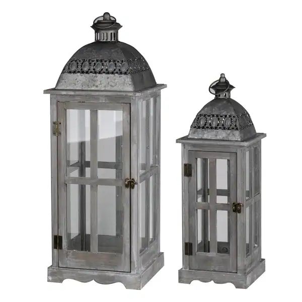 Wood and Metal Lanterns with Glass Window Pane Design, Gray, Set of 2 - Overstock - 29576387 | Bed Bath & Beyond