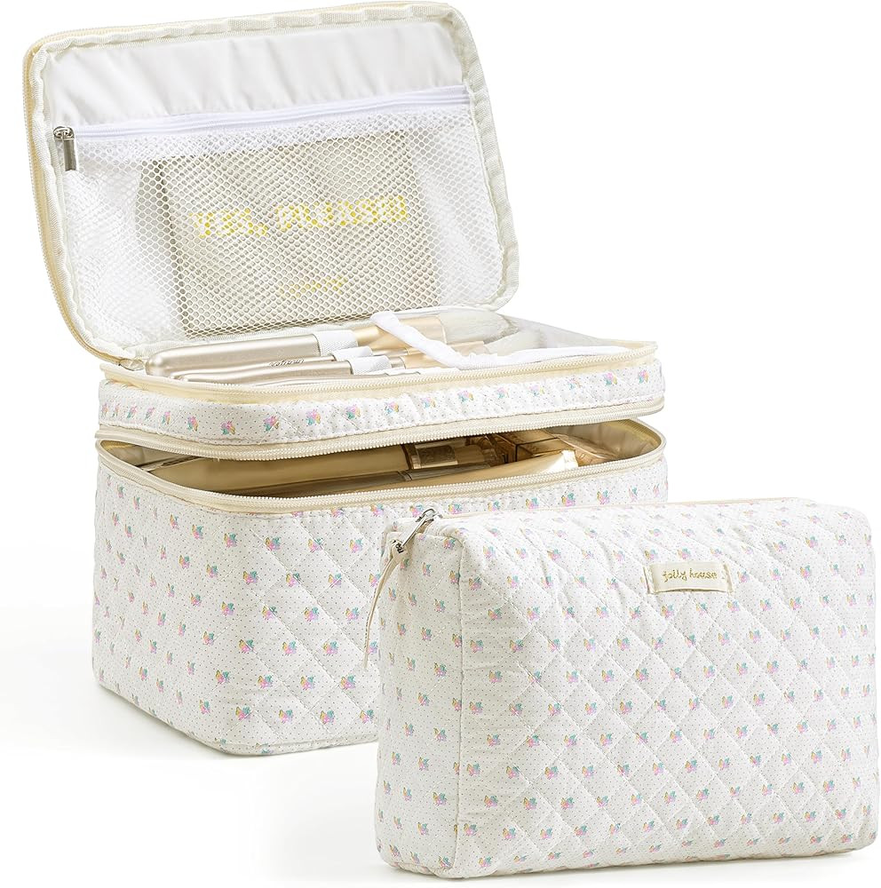 HBselect 2Pcs Double Layer Travel Makeup Bag Women, Cotton Quilted Makeup Bag Coquette Makeup Bag... | Amazon (US)