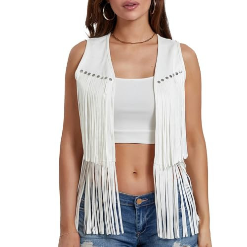 MAINESAKA Women Vintage Western Fringe Vest Cowboy Cowgirl Clothes 70s Hippie Vest Tassel Country Concert Fringe Tops Shirts (White, M) | Amazon (US)