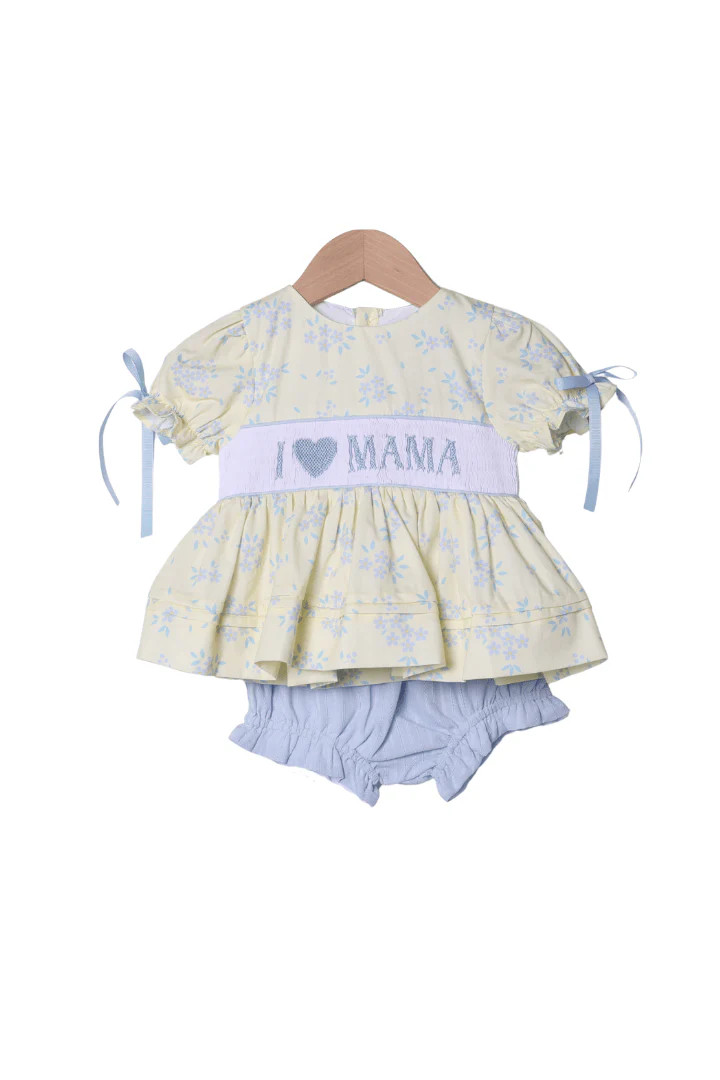 Smocked I Love Mama Yellow and Blue Floral Bloomer Set | The Smocked Flamingo