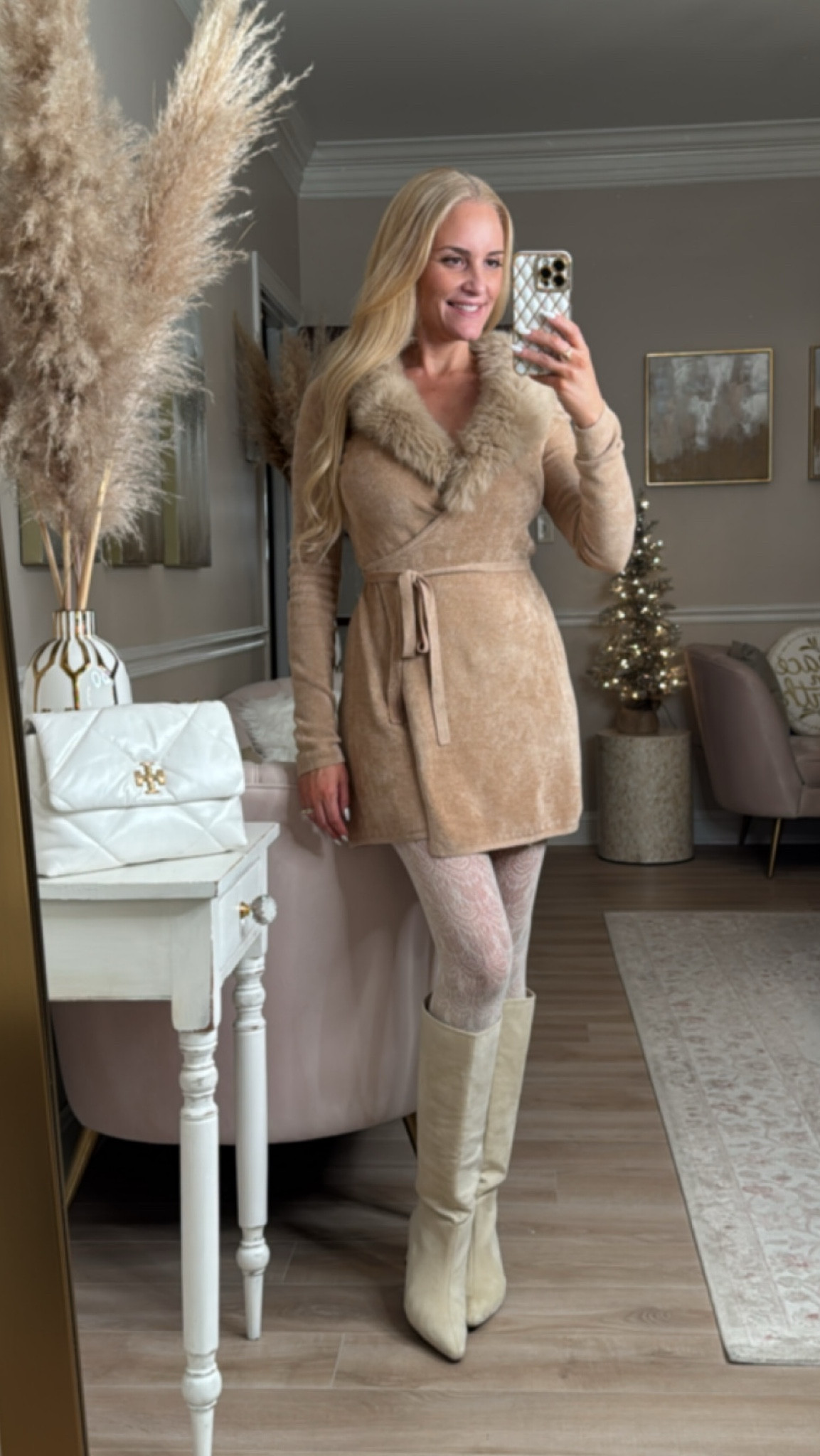 The cutest fur trim wrap dress! Made of a thick soft chenille fabric, so warm and cozy! Makes a perfect winter outfit with knee high boots and cute lace tights.

#LTKOver40 #LTKStyleTip #LTKSeasonal
