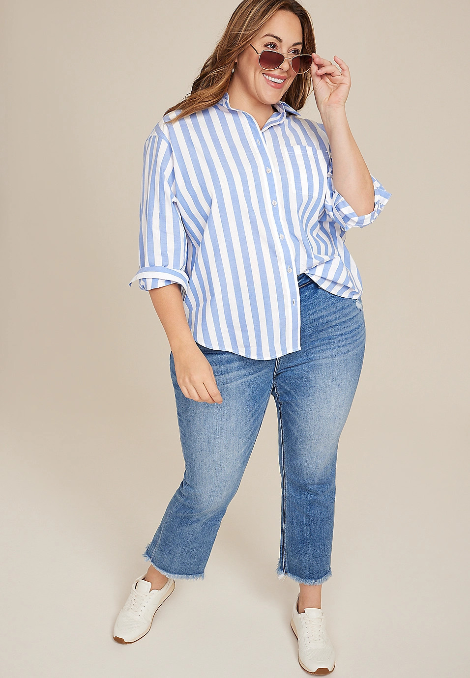 Plus Size 90s Prep Striped Relaxed Button Up Shirt | Maurices