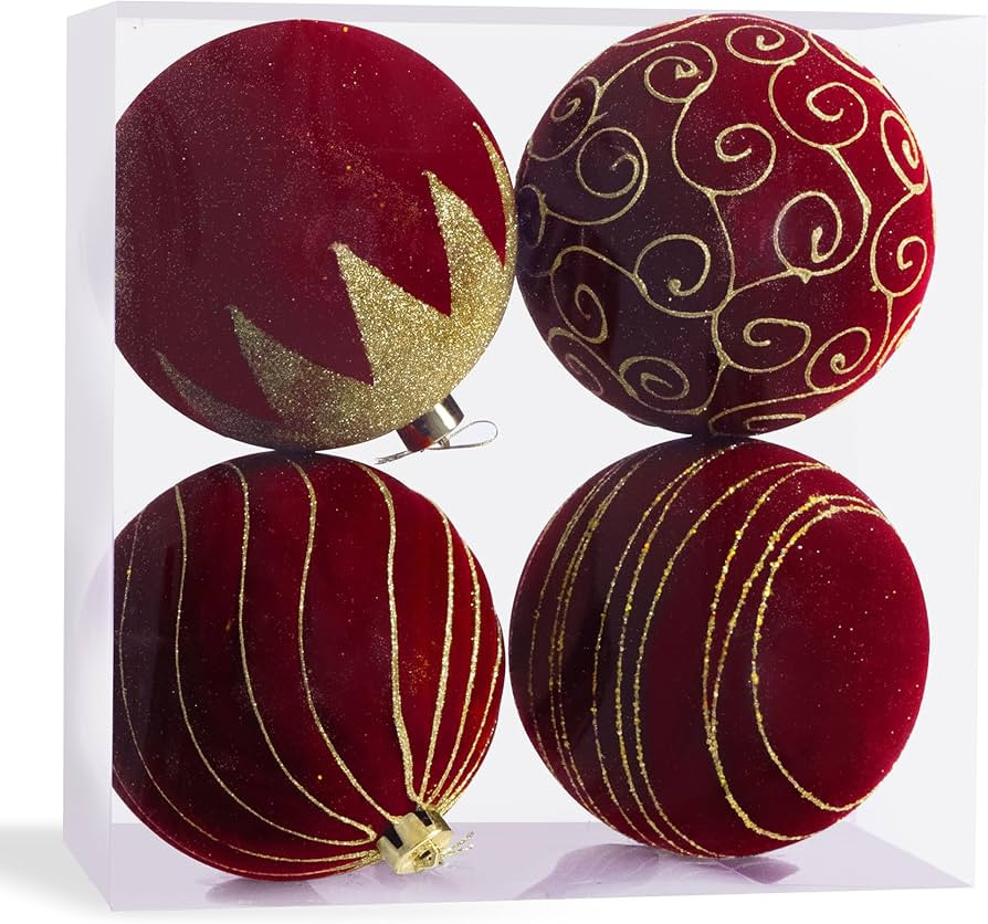 Large Velvet Christmas Ornaments, 5.9" Burgundy Velvet Christmas Ornaments Balls 4 pcs Decorative... | Amazon (US)