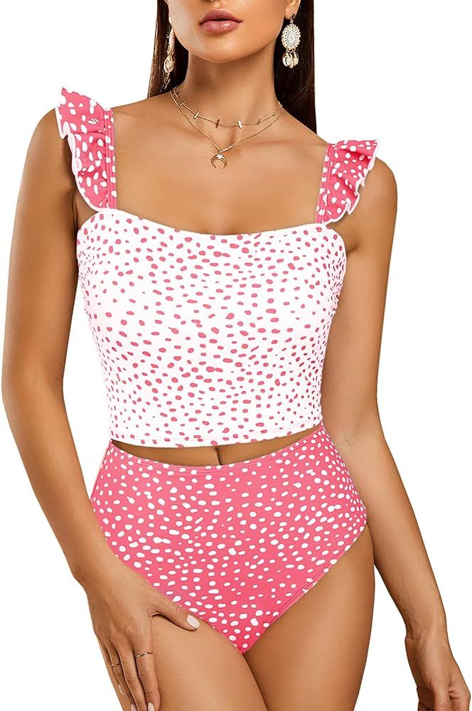 Foshow Womens Ruffle Print Bikini Set Polka Dot High Waisted Two Piece Swimsuits Tummy Control Floun | Amazon (US)