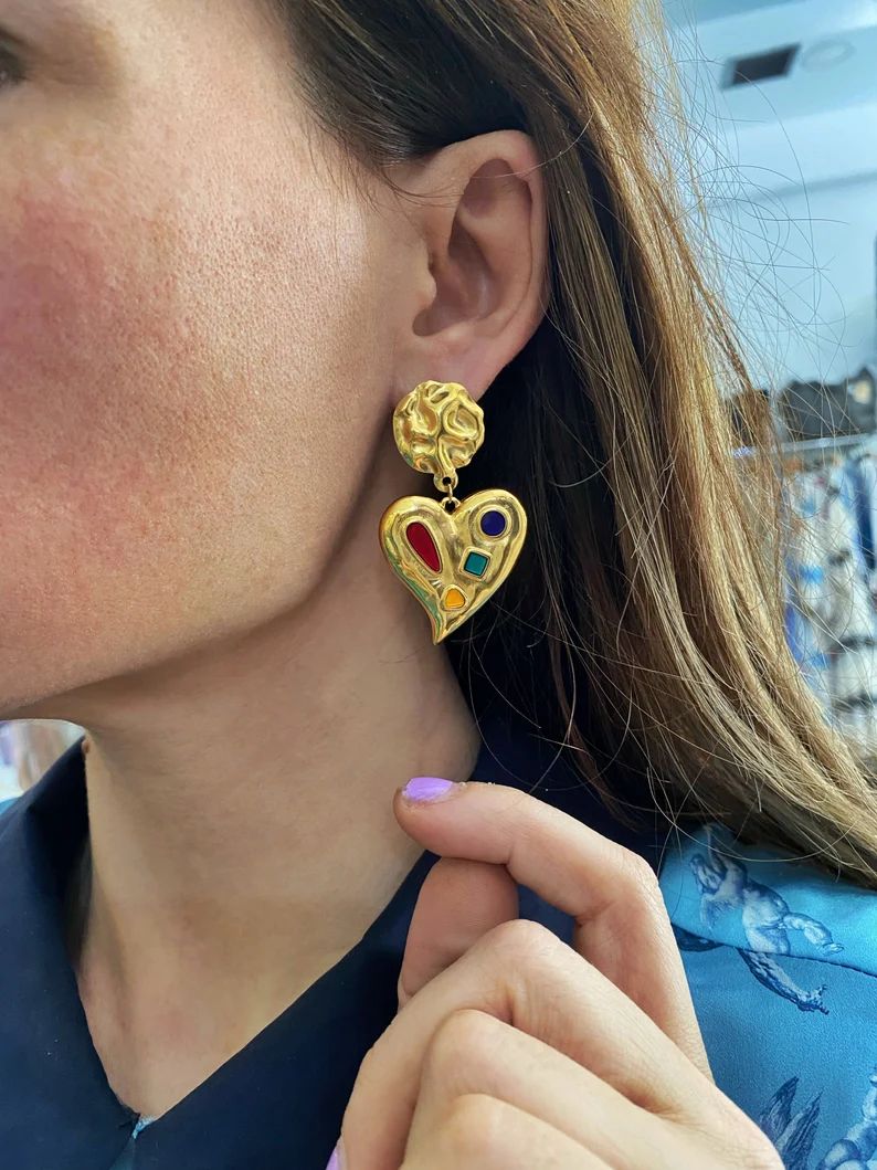 Gold heart earrings, large heart earrings, y2k aesthetic, Vintage style charm earrings, Valentine... | Etsy (US)