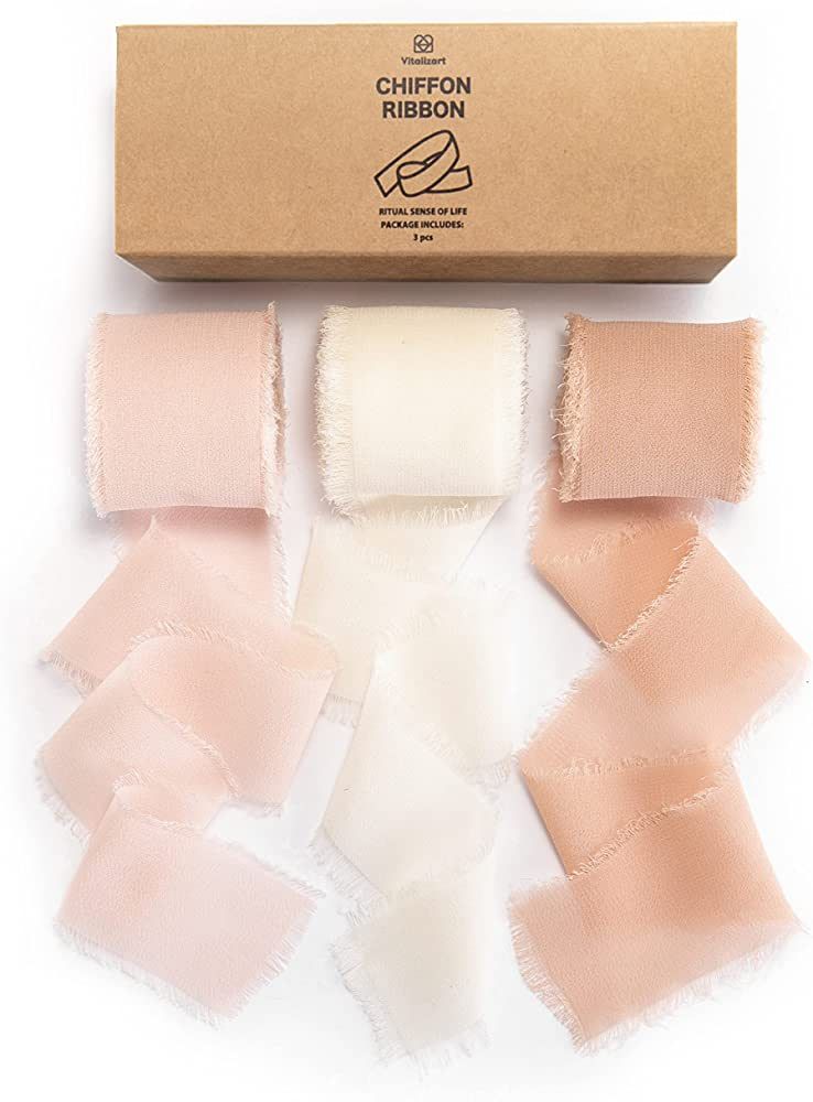 Vitalizart 3 Rolls Handmade Fringe Chiffon Silk Ribbon Gauze 1.5" x 7Yd Pink & Cream Ribbons Set ... | Amazon (US)