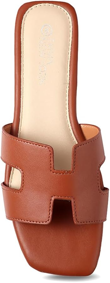 Women's Sandals Slip On Leather Slide Sandals Summer Sandals For Women 2024 Dressy Flat Sandals C... | Amazon (US)