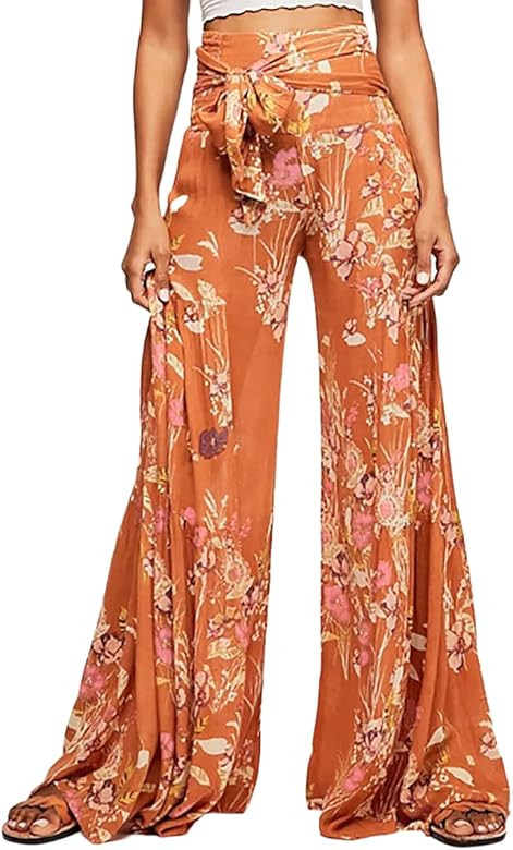 Lrady Womens Wide Leg Palazzo Lounge Pajama Pants High Waist Tied Belt Beach Boho Loose Yoga Athl... | Amazon (US)