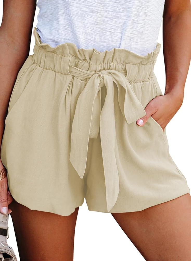 Dokotoo Womens Casual Summer 2024 Ruffle Belted Elastic Waist Shorts with Pockets | Amazon (US)