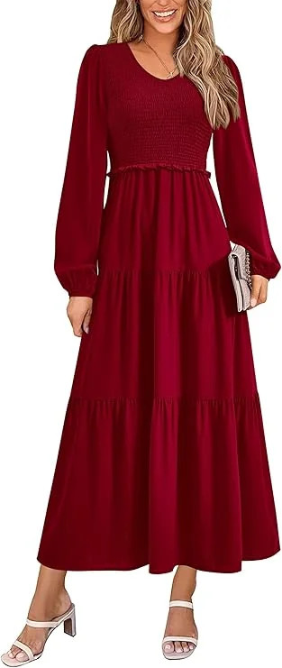 PRETTYGARDEN Women's Midi Dresses Spring Long Sleeve V Neck Tiered Smocked A Line Long Flowy Dres... | Walmart (US)