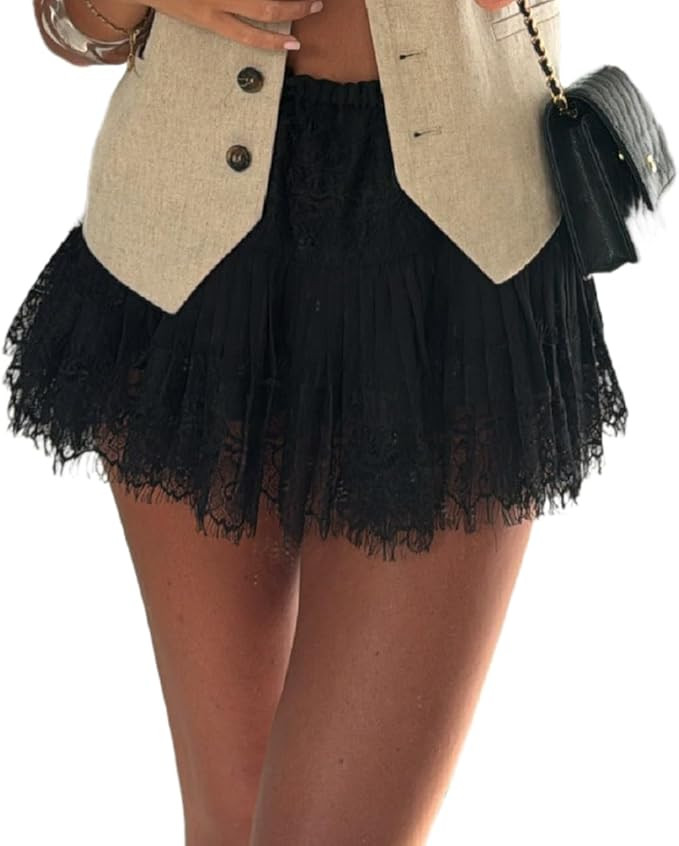 Engofs Women Y2k Lace Slip Skirt Mini Ruffle Pleated Flowy Short Skirts | Amazon (US)