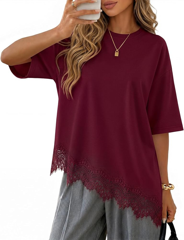 ZESICA Women's Summer Oversized T-Shirts Asymmetrical Lace Going Out Tops | Amazon (US)