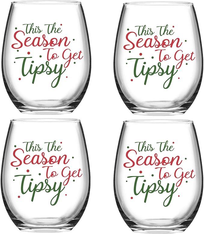This the Season to Get Tipsy Christmas Stemless Wine Glass, Set of 4 Christmas Wine Glasses, Gift... | Amazon (US)