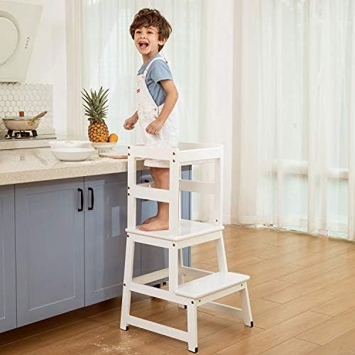 Kitchen Step Stool for Toddlers and Kids with Safety Rails for Kitchen Counter Solid Wood (White) | Amazon (US)