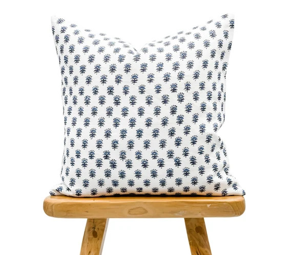 Designer Floral in Navy Blue on Off White Linen Pillow Cover, Small Flowers Floral Pillow cover, ... | Etsy (US)