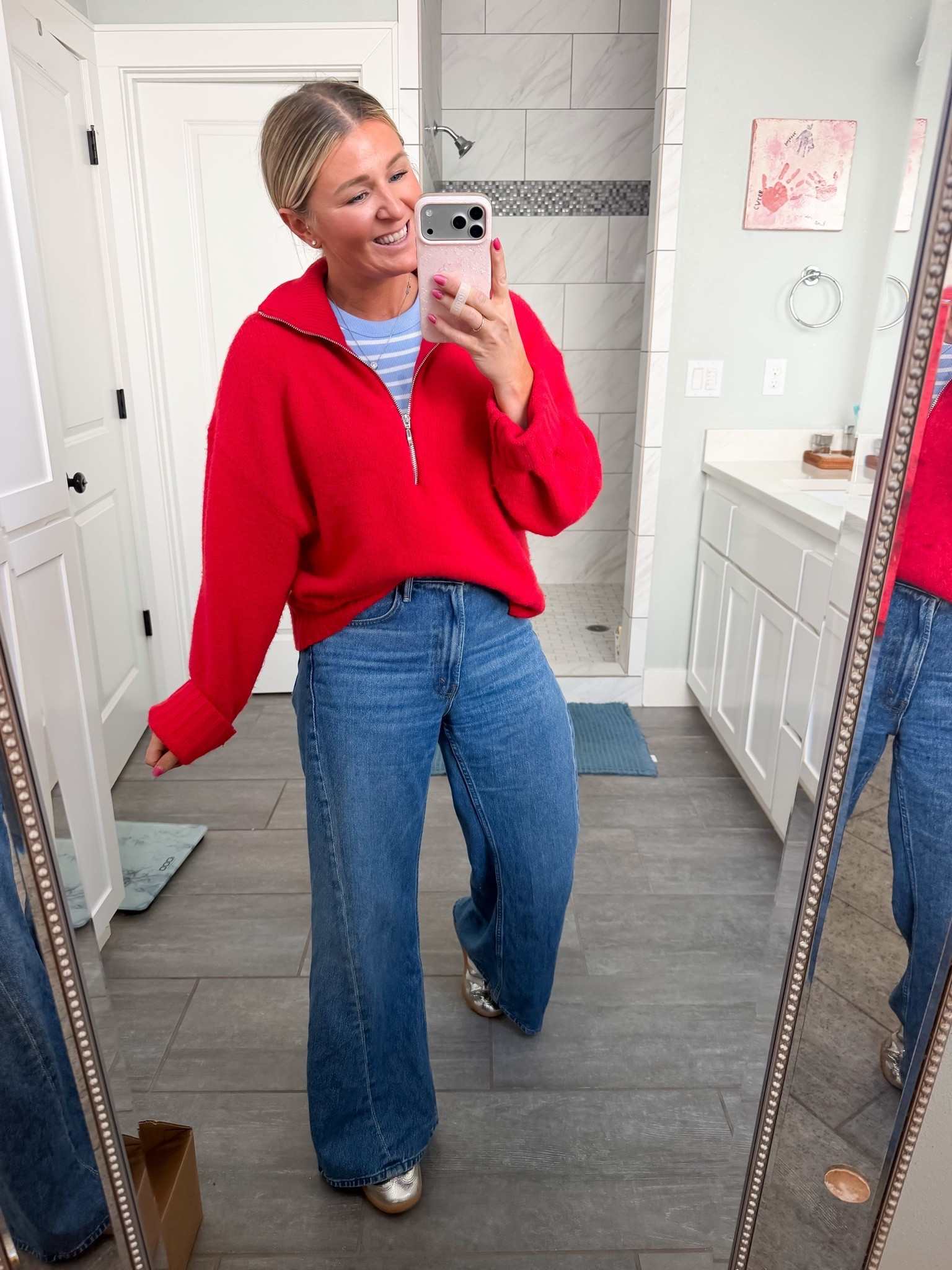 Small sweater - cuffed sleeves 
Petite in the jeans

#LTKootd #LTKPetite #LTKOver40