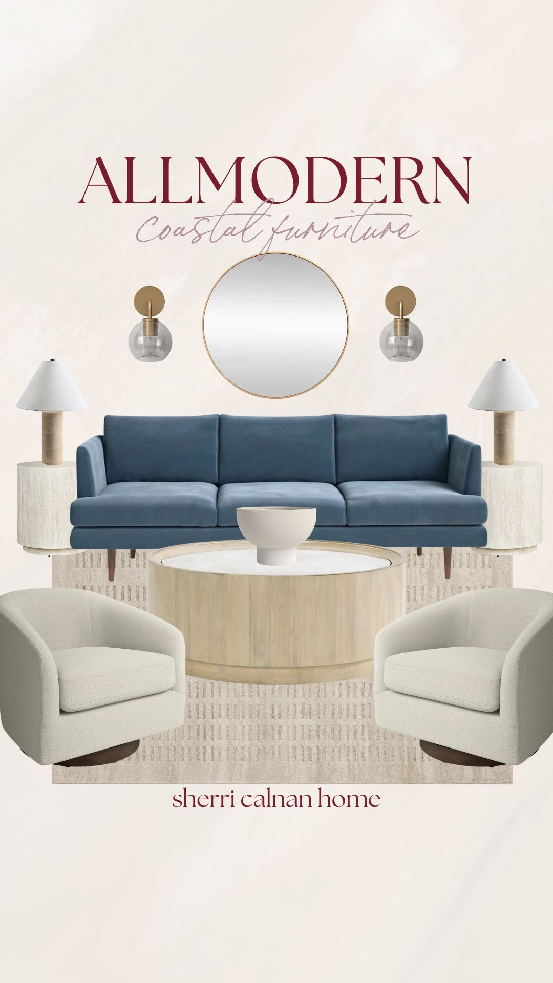 Modern coastal furniture from AllModern that balances clean lines with soft curves, creating a relaxed living space that still feels elevated and timeless. AllModern furniture, coastal furniture, modern coastal living room, neutral seating, round coffee table, blue sofa styling, sherri calnan home

#LTKHome