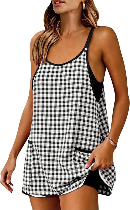 Yidarer Womens Gingham Athletic Mini Dress Built-in Shorts | Tennis workout dress, Spaghetti stra... | Amazon (US)