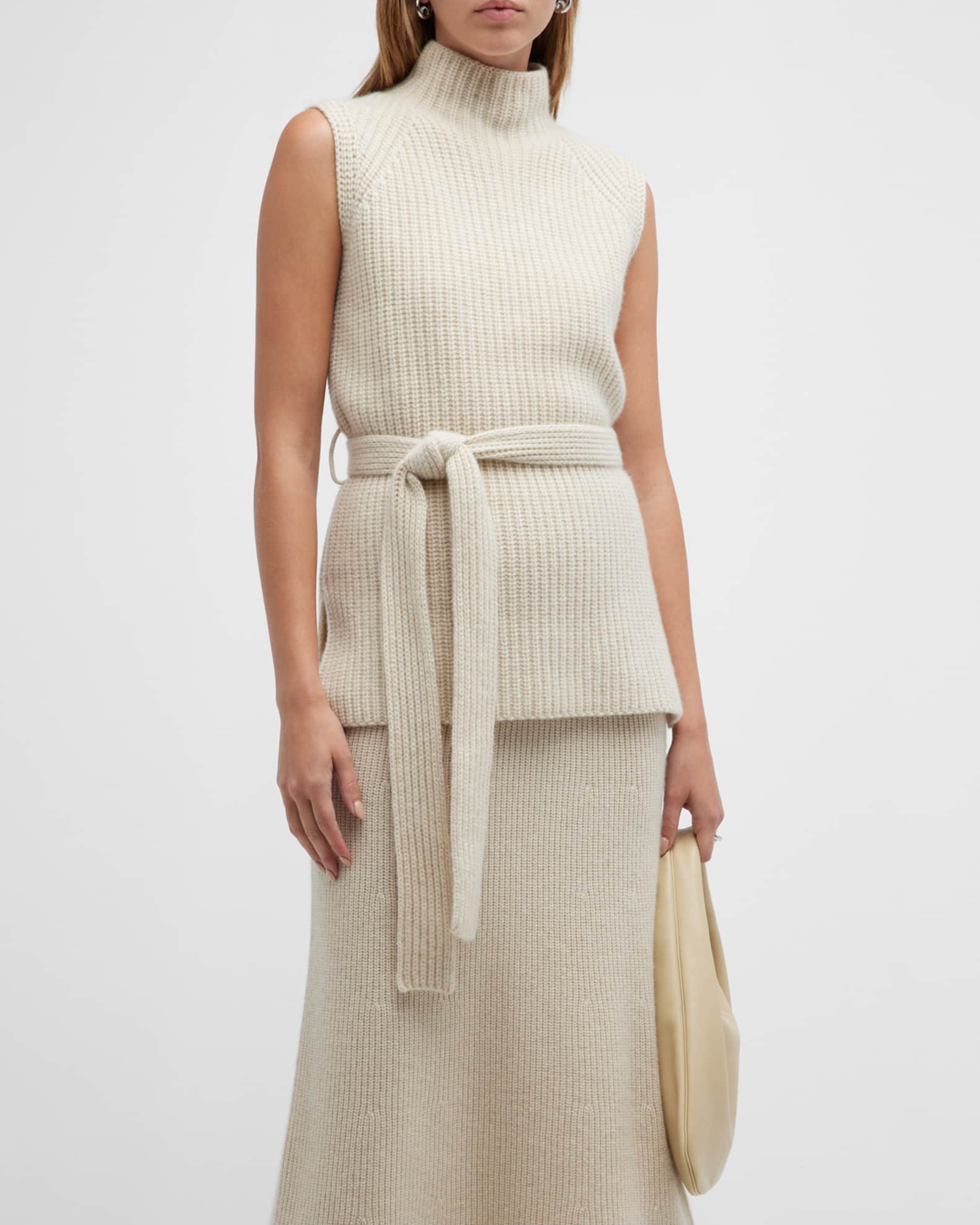 Wool-Cashmere Belted Turtleneck Shell Top | Neiman Marcus
