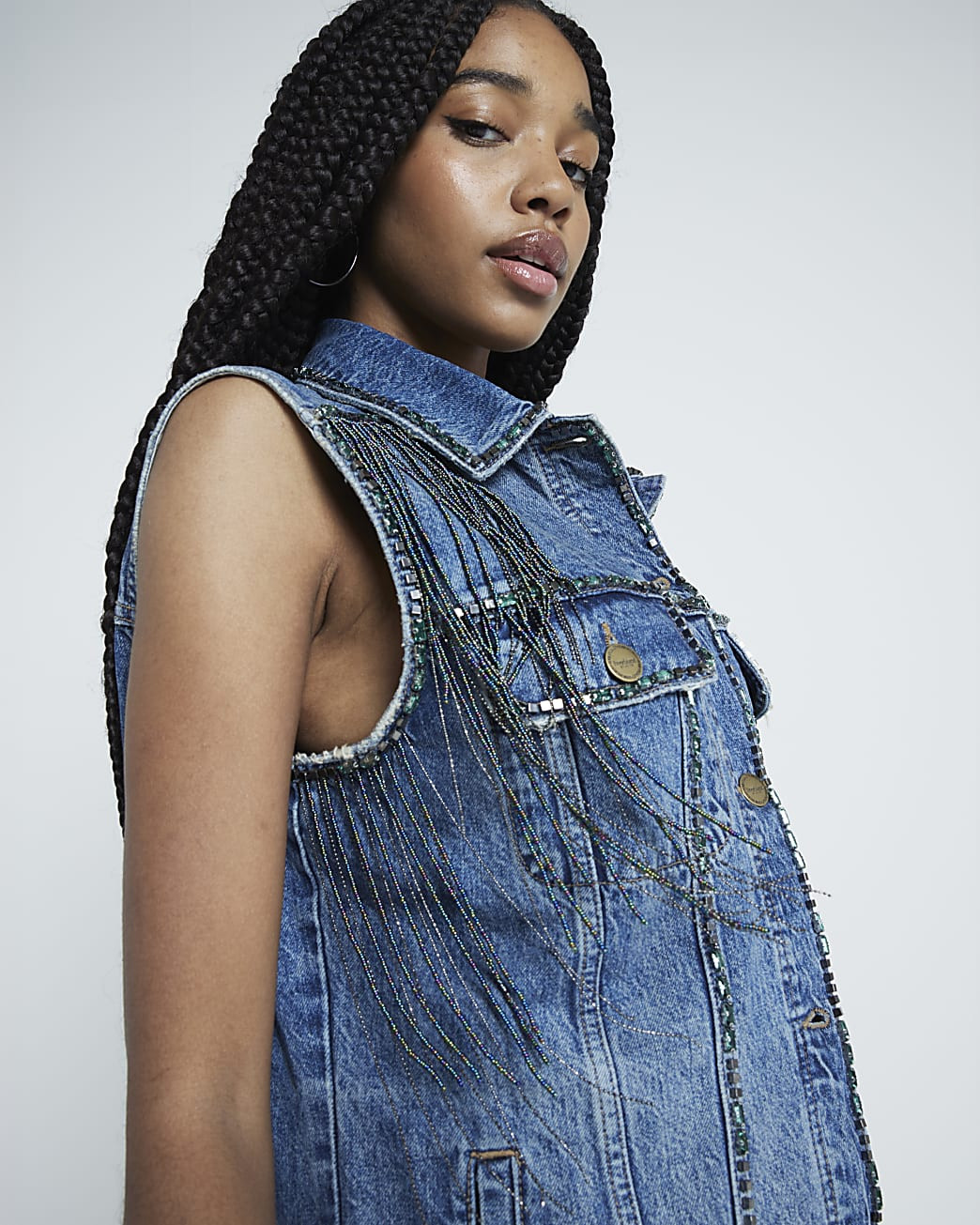 Blue Denim Fringed Sleeveless Jacket | River Island UK & IE