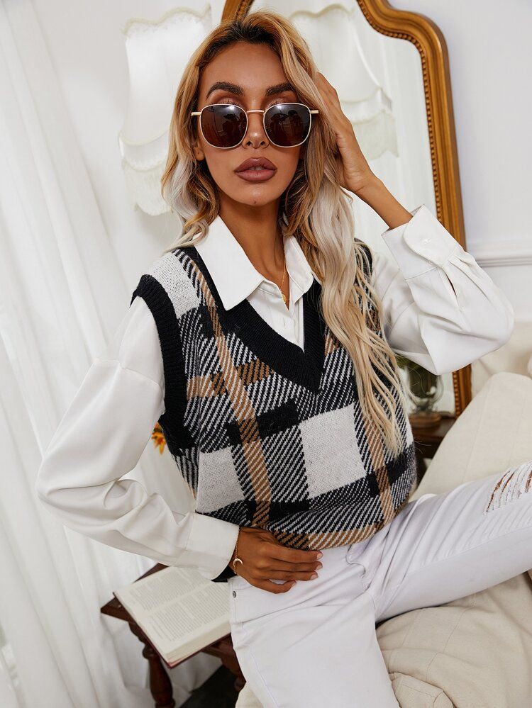 Plaid Pattern Sweater Vest Without Blouse | SHEIN