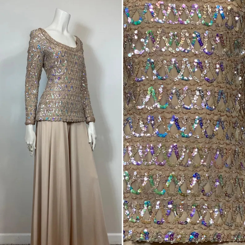 70s Lilli Diamond Formalwear Iridescent Sequin and Champagne Satin Palazzo Pants Set Small - Medi... | Etsy (Global)